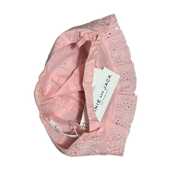 Janie & Jack Eyelet Cut Out Ruffle Hem Bonnet with Strap Sz 12-18 Months Pink - Picture 4 of 5